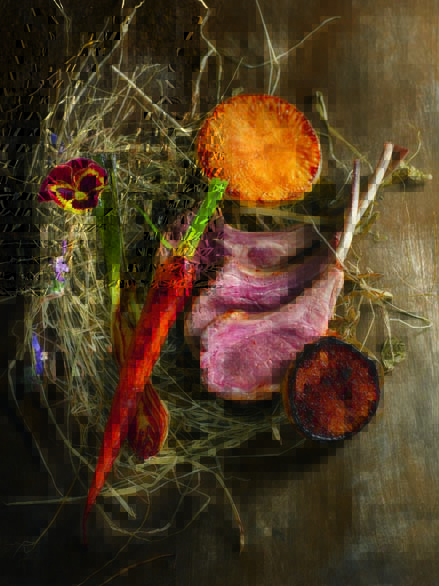 Agneau du Limousin cuit au foin, légumes rôtis au vinaigre de pomme