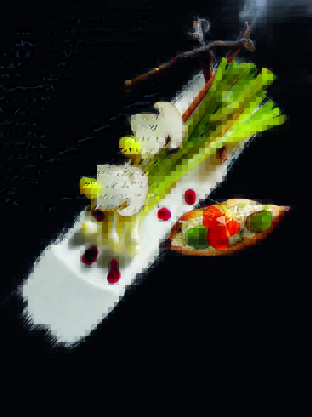 Baraganes fumées au sarment de vigne, tartine « flanquée » de rillettes d’esturgeon du Teich