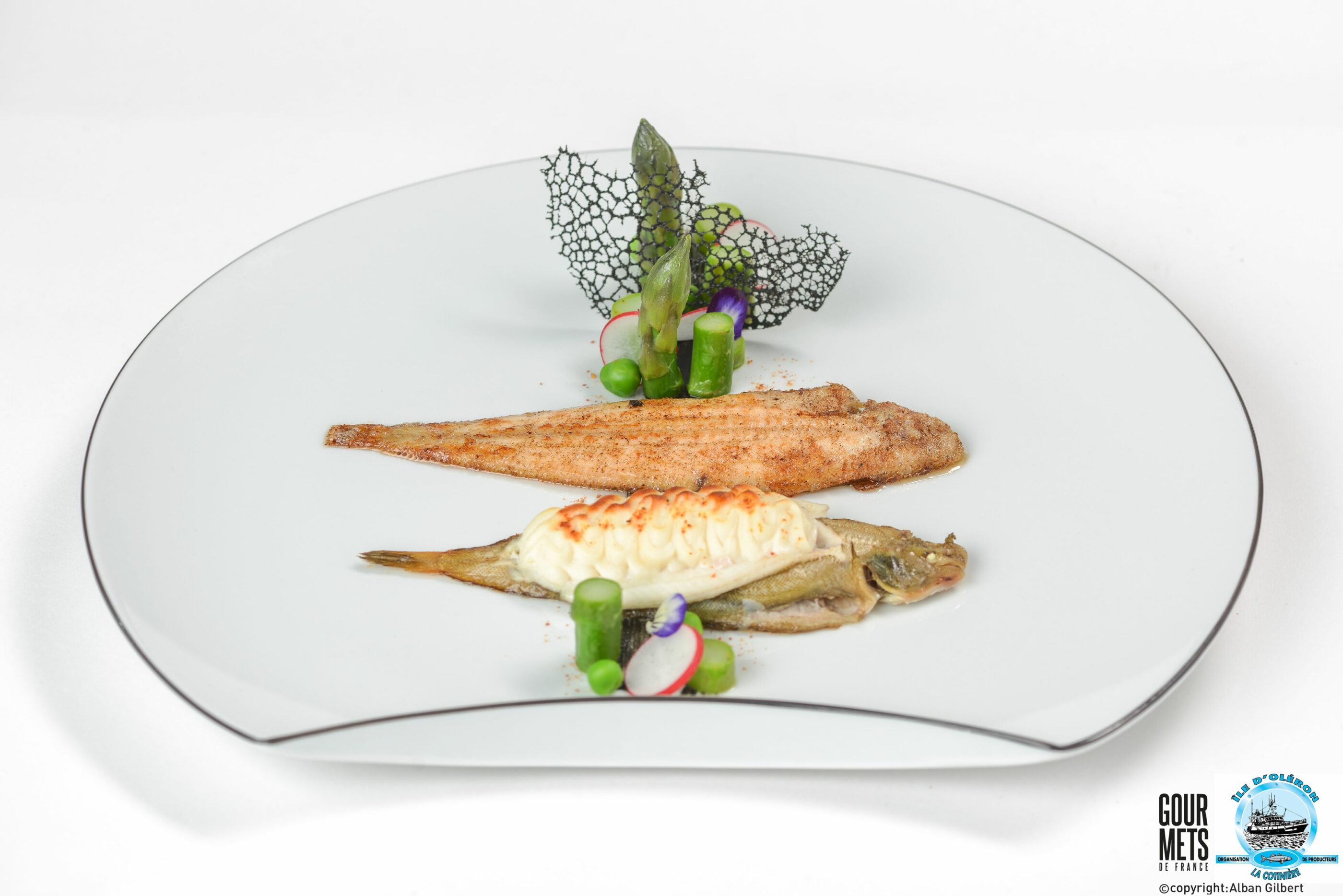 Céteau cuit meunière et céteau garni d’une mousseline de sole, légumes de saison
