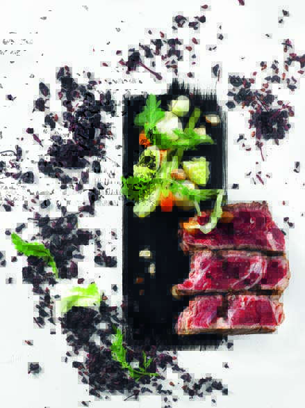 Côte de boeuf blond d’Aquitaine croûte de moût de raisins de Bergerac, petits légumes à l’huile de noisette de Pujols