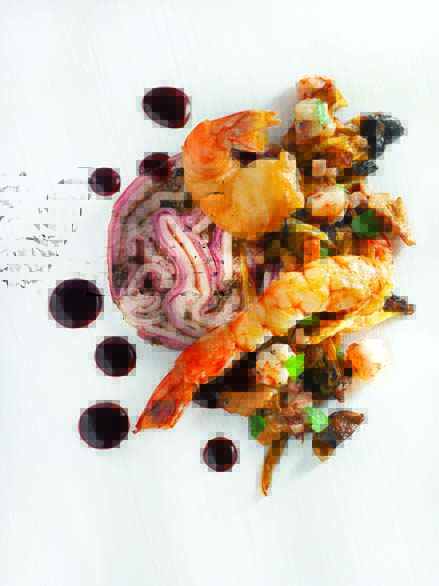 Gambas du Médoc au grenier médocain sauce vin rouge