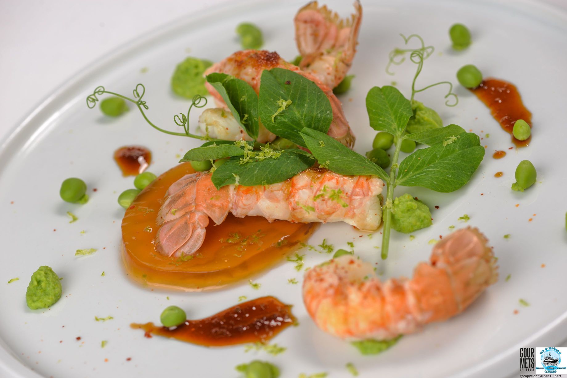 Langoustines snackées miso/citron, petits pois …