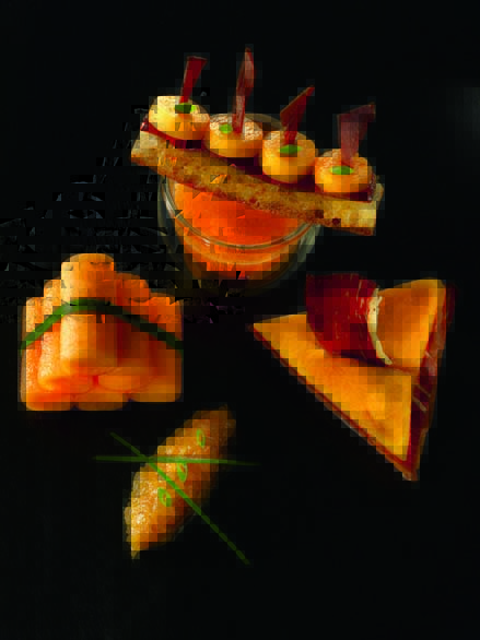 Melon de Nérac en compression et jambon de Bayonne chutney de gingembre et oignon