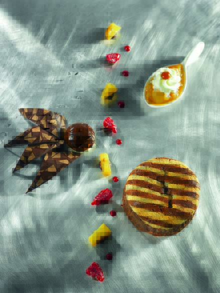 Moelleux chocolat, chutney banane, caramel et rhum