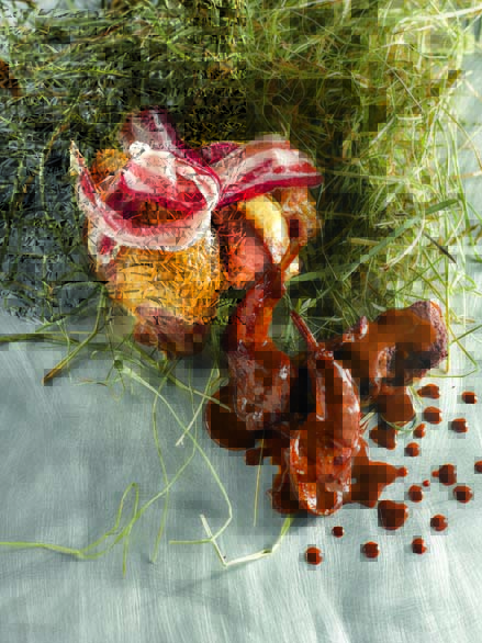 Palombe farcie au foie gras et rôtie au foin cuisses en salmis sur une tartine d’abattis