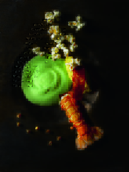 Piment doux du Seignanx, chorizo et langoustine, polenta et pop-corn de maïs