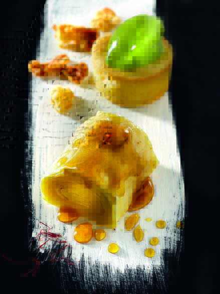 Pommes du Limousin confites au miel du châtaignier, sorbet à l’oseille sauvage